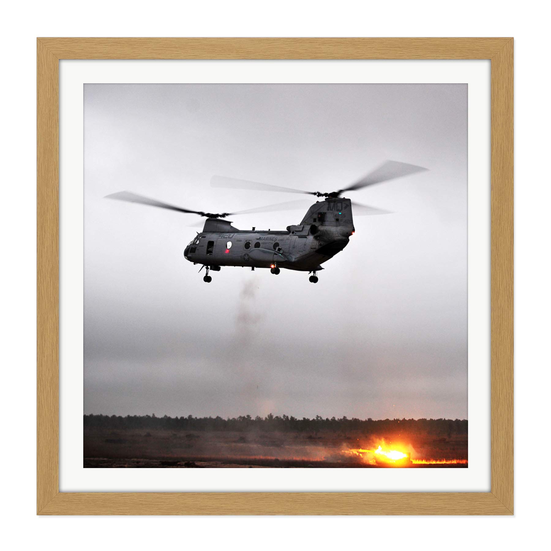 Military USA Marine Corps CH-46 Sea Knight Helicopter Photo Square Wooden Framed Wall Art Print Picture 16X16 Inch