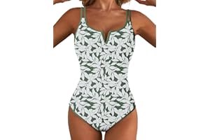 Aleumdr Women's One Piece Swimsuit Tummy Control V Wired Slimming Bathing Suit Color Block Printed Swimwear