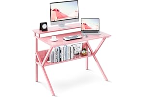 ODK Small Desk, 27.5 Inch Computer Desk for Small Spaces, Kids Desk with Storage, Study Table with Monitor Stand for Homeschool, Pink
