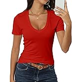 Roselux Women Short Sleeve Deep V Neck Tops Shirts Fitted Cotton Summer Tshirt Tee