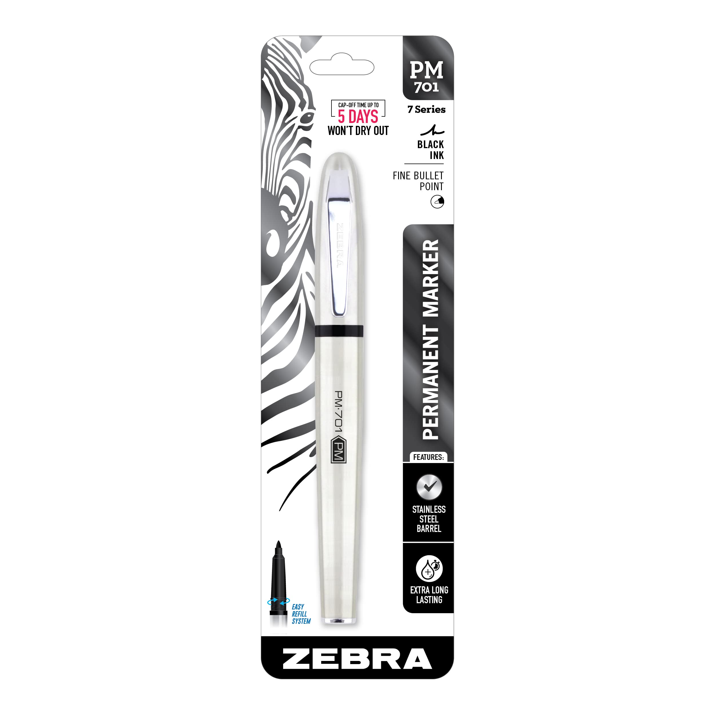 Zebra Pen PM-701 Permanent Marker, Stainless Steel Barrel, Fine Bullet Tip, Black Ink, Refillable, 1-Pack
