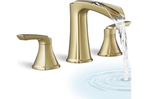 HOIGY Brass Waterfall Tub Faucet, 3 Hole Brushed Gold Bathtub Faucet Set, 6-16 Inch Widespread Deck Mount with 2 Handle & cUPC Supply Water Hoses for Roman Style, 20 Mins Quick Installation