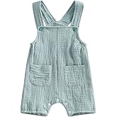 Baby Girl Boy Cotton Linen Romper Sleeveless Button Front Overalls Jumpsuit Newborn Infant Bodysuit for Summer