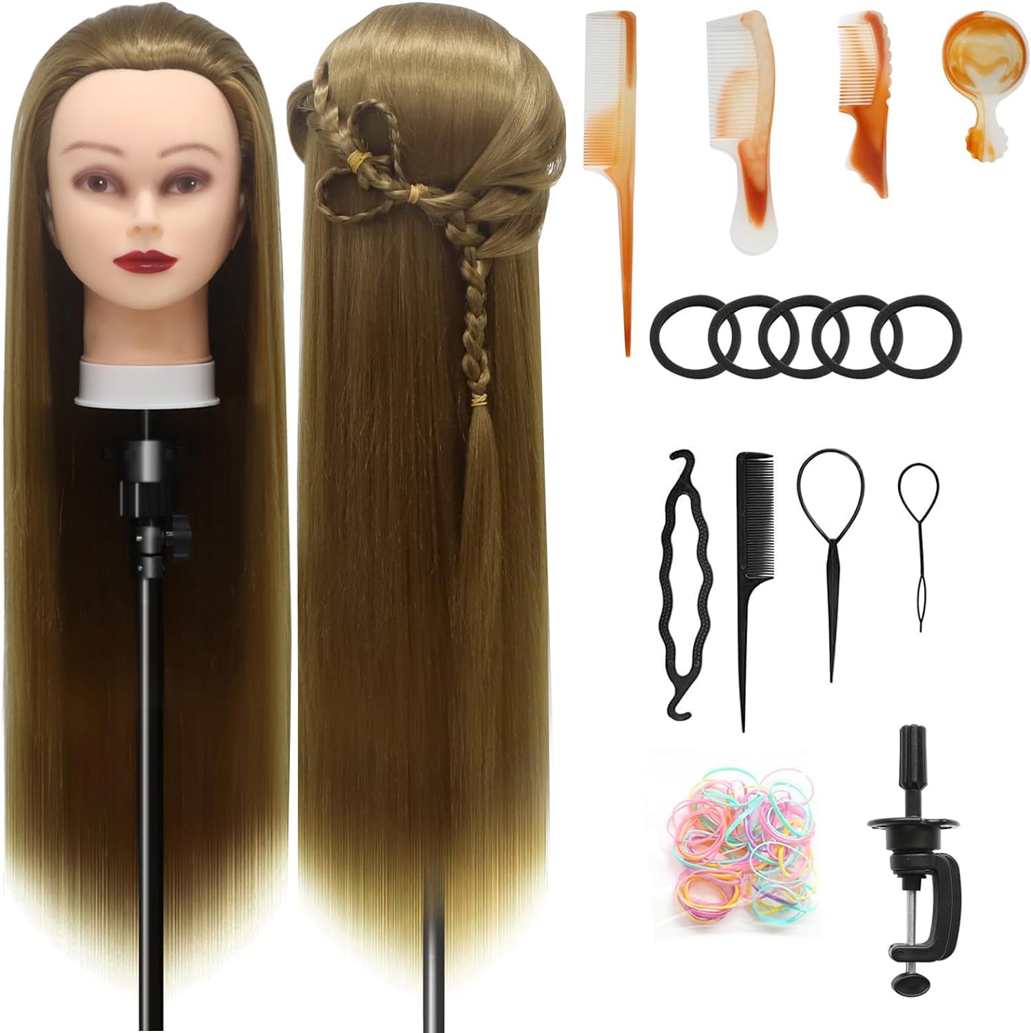 Training Head, 28 inch Styling Head 100% Synthetic Fibres Hairdressing Head Hairdresser Training Heads with Free Clamp and DIY Braiding Set (27#)