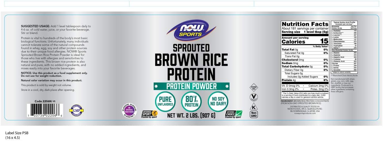 NOW Sports Nutrition, Sprouted Brown Rice Protein, 80% Protein, Unflavored Powder, 2-Pound: Health & Personal Care
