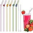 6 Pcs Glass Straws with Design Reusable Cute Fruit Drinking Straws 7.9in x 8mm Colorful Party Favors Decorations with 2 Cleaning Brushes for Summer Beach Birthday(Bent)