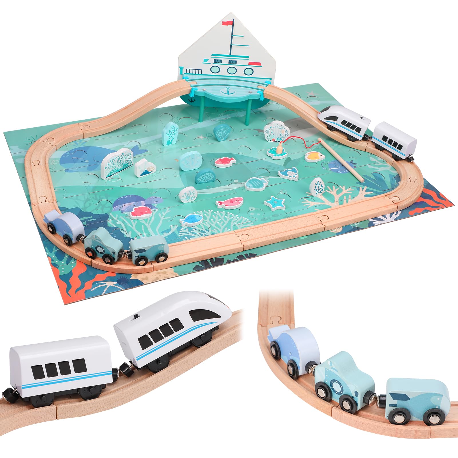 Wooden Train Set, 3 in1 Sea Electric Train Sets with Wooden Train Track, Magnetic Train, Ocean World Jigsaw Puzzle, Magnetic Fishing Game Toys for Kids Boys Ages 3+, Birthday Christmas New Year Gifts — image 1