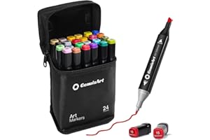 GenuisArt Alcohol Markers, 24 Colors Chisel & Fine Dual Tips,Paint Markers For Coloring, Drawing, Sketching, Card Making and DIY Patinting- Perfect for Adults and Kids (Black Barrel, 24)
