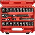 AMM 1/2" Drive Master Impact Socket Set, 24-Piece Shallow Standard SAE (7/16-Inch to 1-Inch) & Metric (13-24 mm) Sizes, Socket Assortment with Ratchet Handle，Cr-V Steel