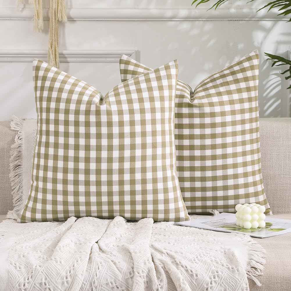 Photo 1 of CARRIE HOME Brown Gingham Checkered Throw Pillow Covers 18x18 Set of 2, Neutral Modern Farmhouse Dark Brown Khaki Outdoor Pillows 18 x 18 for Porch Patio Furniture (No Pillow Inserts)