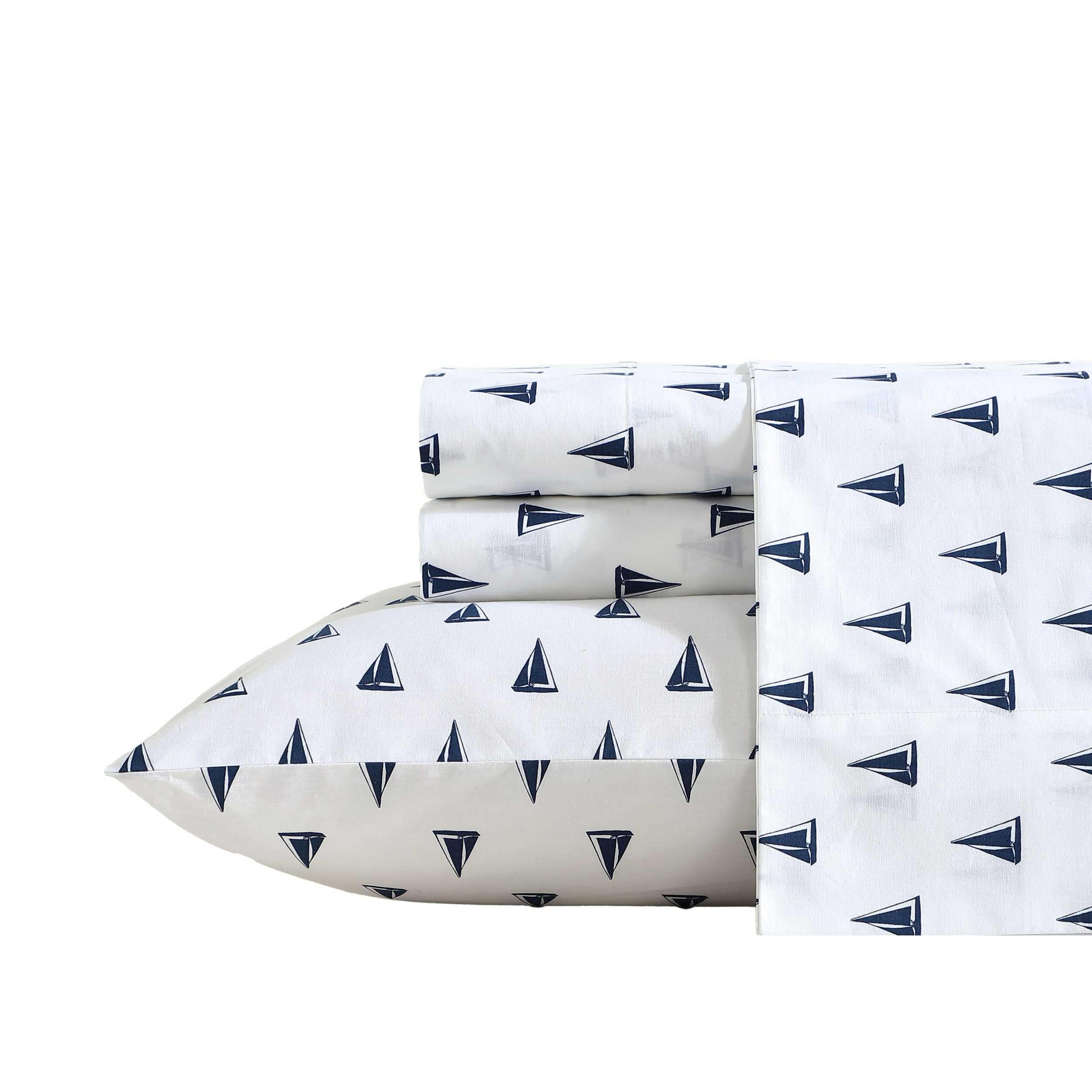 Nautica - Sheets, Cotton Percale Bedding Set with Matching Pillowcases, Crisp & Cool, Deep Pocket (Windtale Boat Navy, Queen) Image