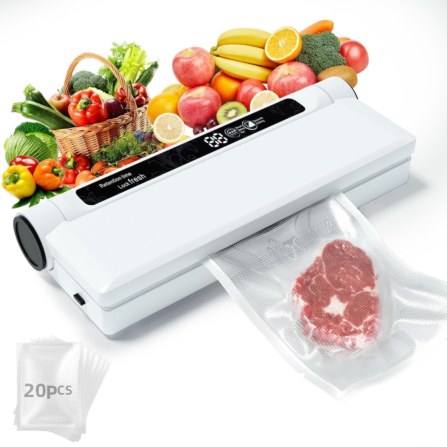 compact vacuum sealer machine, 75kpa strong suction, led digital timer display, dual use for dry & wet foods, includes 20 bags, ideal for home kitchen use, white