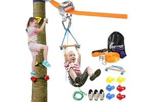 hooroor Slackline Pulley with 52FT Zip Line, Monkey Bar, Tree Climbing Holds-Ninja Warrior Obstacle Course for Kids & Adults-Outdoor Backyard Playset Toys, Jungle Gym