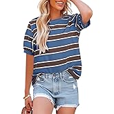 Dokotoo Womens Summer Tops 2026 Striped Color Block Short Sleeve Fashion T-Shirts Crewneck Casual Loose Basic Tee Blouses