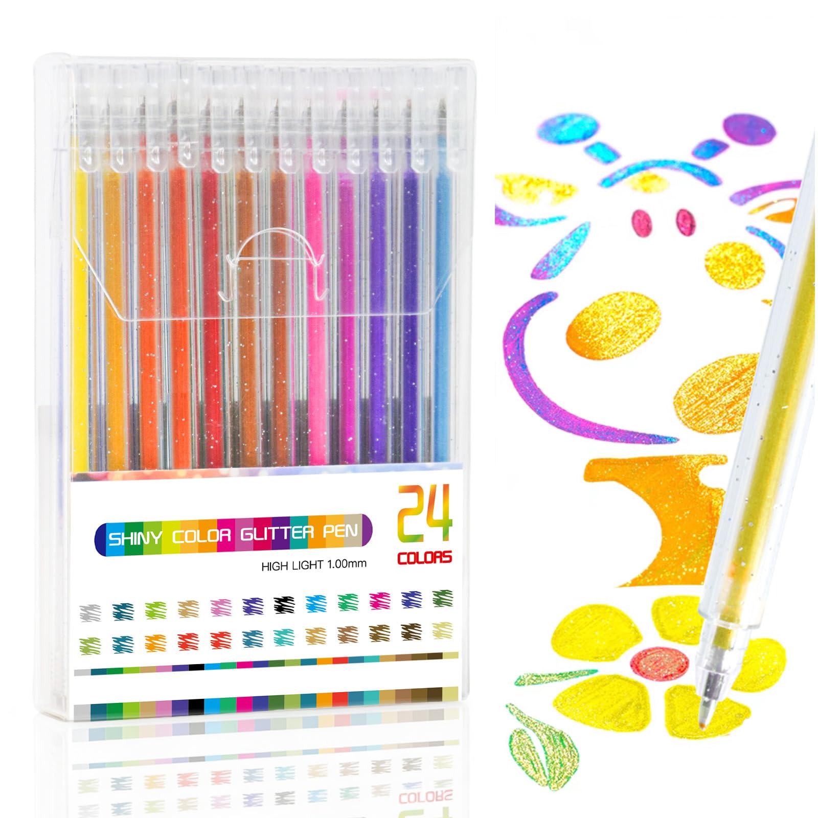 Elezeal Glitter Gel Pen, Assorted Metallic Gel Pens with 1.0mm Tip, Colored Shiny Pen for Adult Colouring, Doodling, Drawing, Writing, Noting (Set of 24)