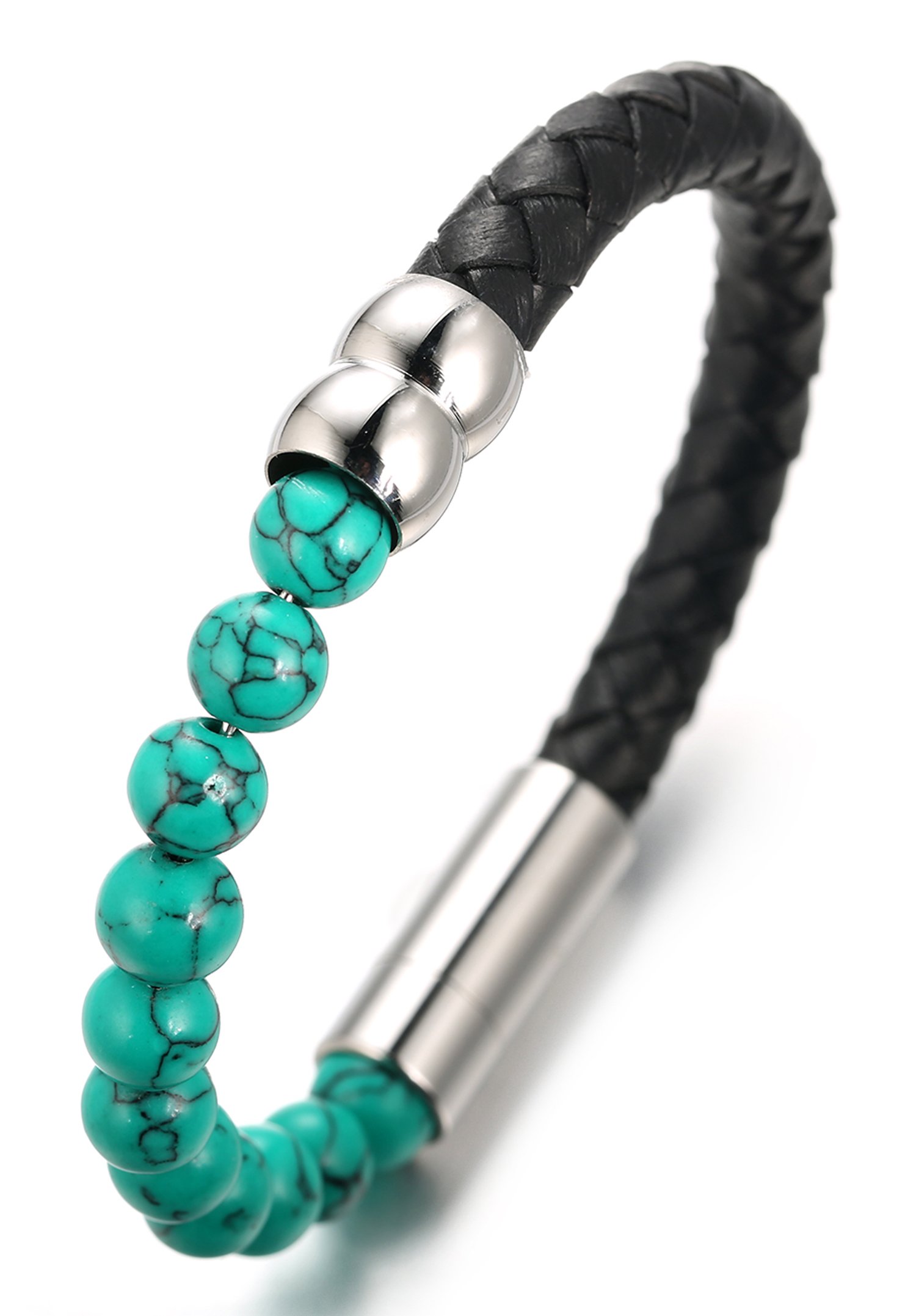 HALUKAKAH ● Salute The Earth ● Men's Genuine Leather Bracelet with Green Turquoise Beads,Smart Magentic Clasp, 8.46"(21.5cm) with Free Giftbox