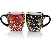 Espresso Cups Set of 2 | 4 oz Small Espresso Cups | Turkish Tea Cups | Demitasse Mugs with Handle | Modern Stackable Ceramic Espresso Mugs Set (RED/BLACK)
