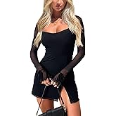 HYPERFIRE Women's Mesh Long Sleeve Square Neck Split Hem Party Club Cocktail Bodycon Mini Dress