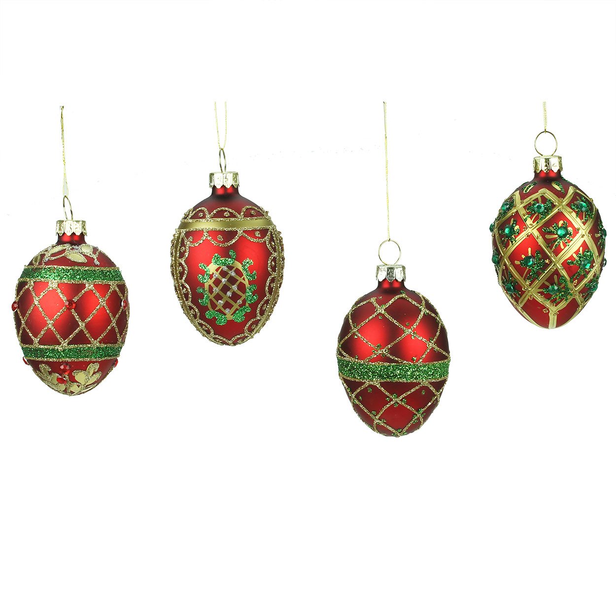 Set of 4 Red, Gold & Green Glass Egg Christmas Decorations (6cm)