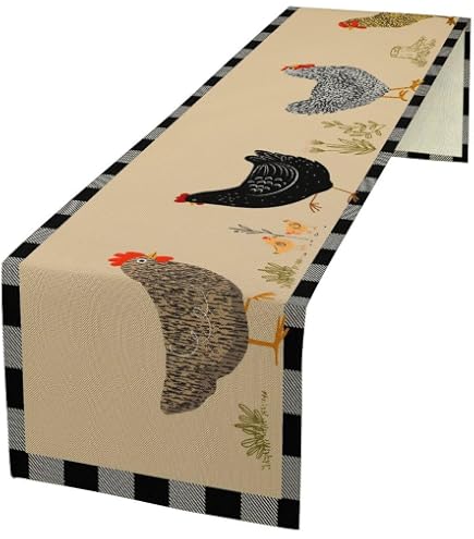 Seliem Farm Animal Chicken Table Runner - Buffalo Plaid Check, 13x72 Inch, Rustic Farmhouse Kitchen Decor