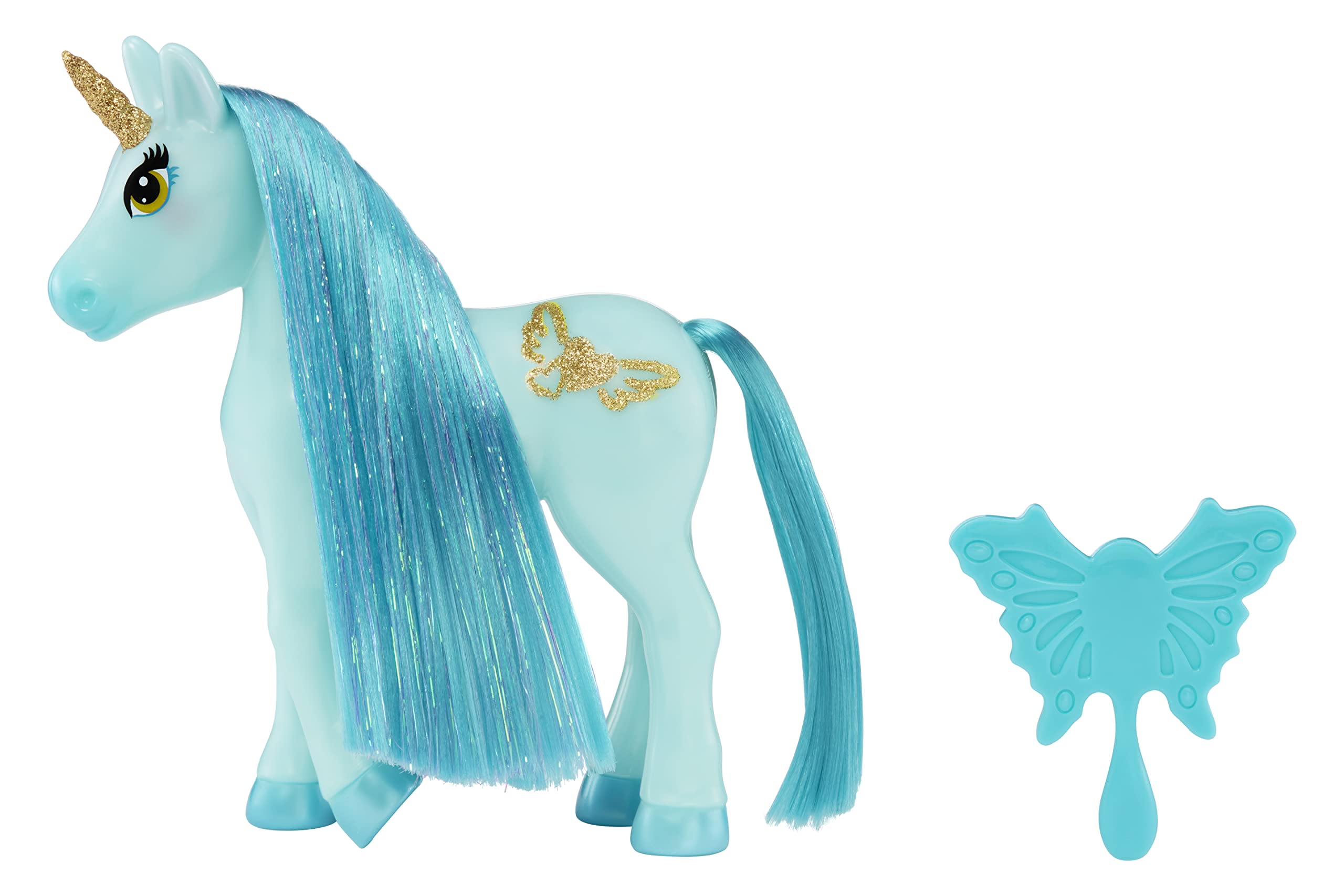 Dream Ella 580959EUC MGA's Dream Bella Little Unicorn-SEA Glass-Teal Magical Accessory with Butterfly Brush-Style The Mane & Tail-Fits All 5.5"/14cm Fashion Dolls-Collectable-Gift for Kids Ages 3+