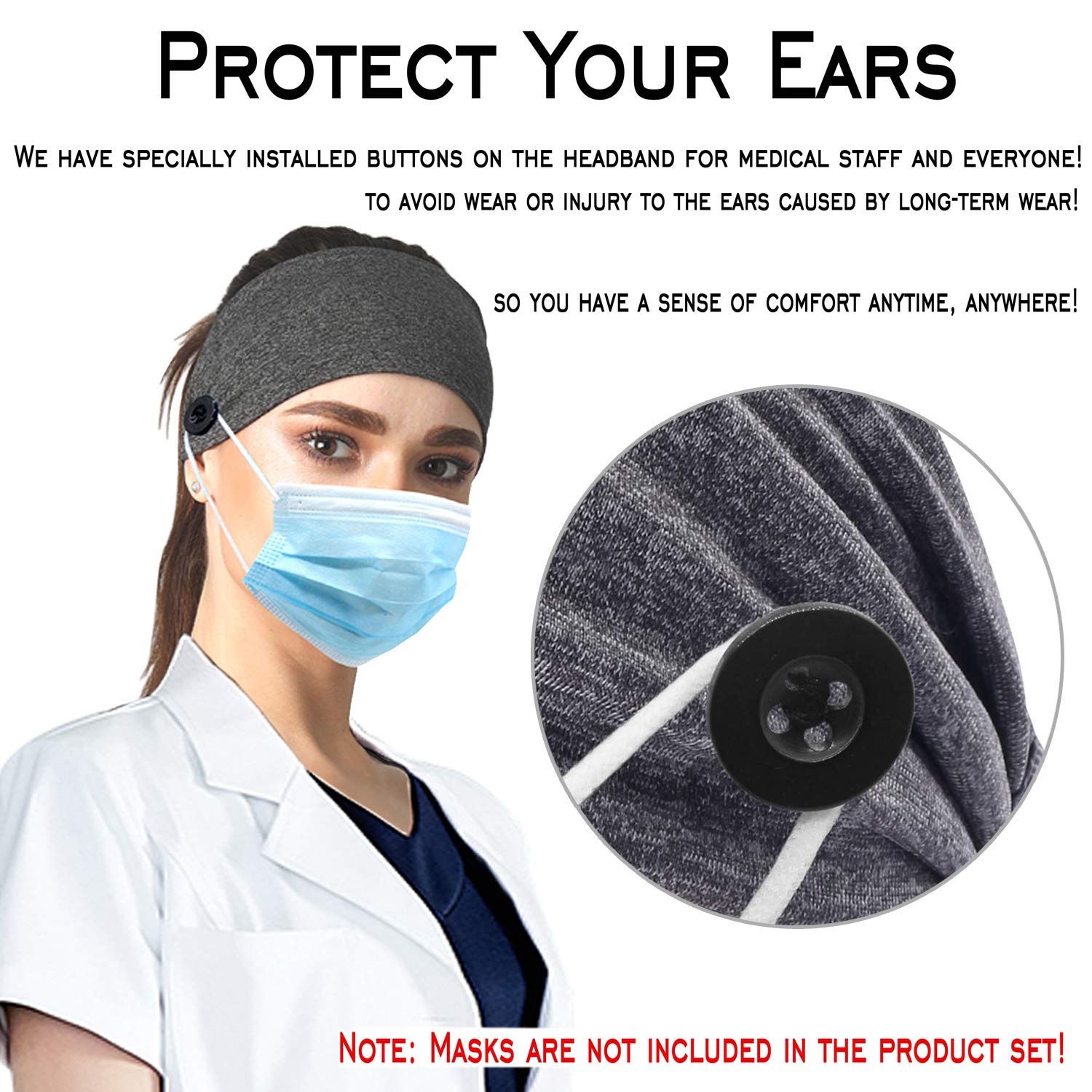 Ehfswrr Headbands With Button for Mask, Nurse Headband for Women and Men Yoga Sports Width Workout Turban Non Slip Heawrap for Doctors, Protect Your Ears 5 pack : Beauty