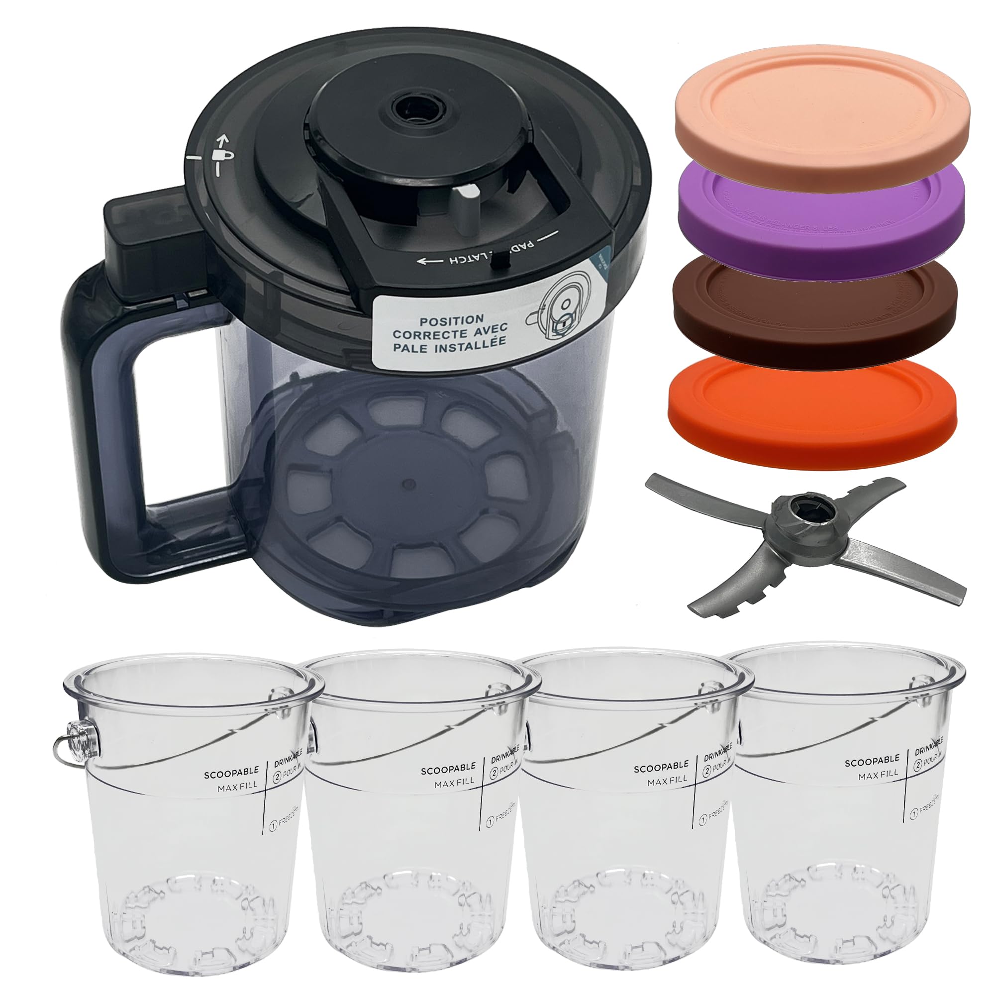 Photo 1 of Replacement Paddle, Outer Bowl with Lid, 4 pcs Pint with Lid, compatible with Ninja Creami Ice Cream Maker: NC500, NC501, NC501H, NC501HBL and NC501HGN Series