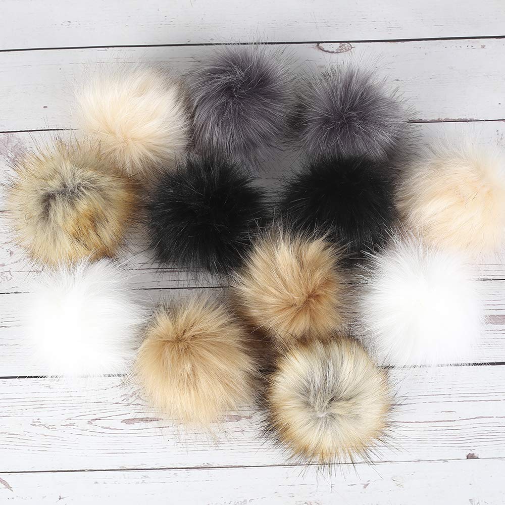 12Pcs Faux Fur Pom Pom DIY Fox Fur Fluffy Pompom Ball for Detachable Knit Hats Bags Keychains Scarves and Shoes Accessories 10CM (A)