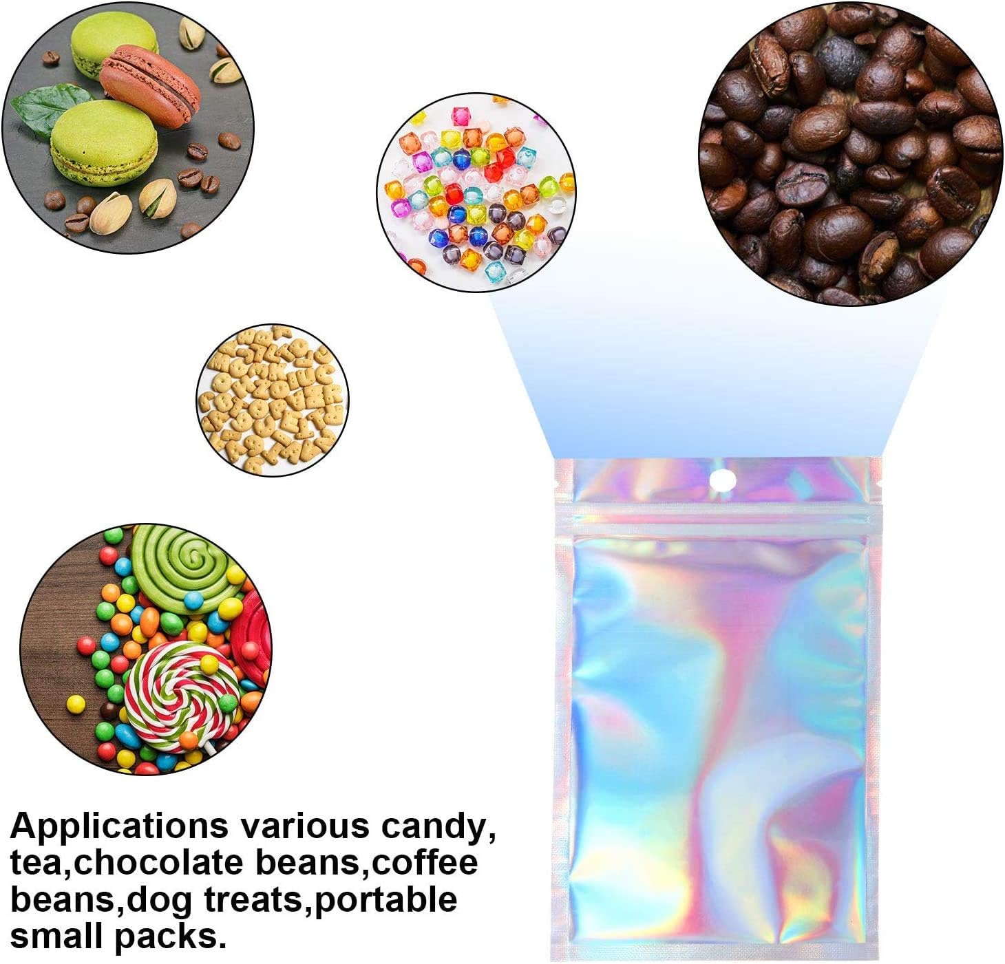 xutong 100 Pieces Mylar Ziplock Bags, Resealable Smell Proof Bags Foil Pouch Bag Flat Ziplock Bag for Party Favor Food Storage- Holographic Color 7.5 x 12 cm - Image 4
