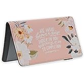 Christian Art Gifts Premium Vegan Leather Scripture Checkbook Cover for Women: Began a Good Work Inspirational Bible Verse Money Accessory, Duplicate Checks, ID/Card Slots, Pen Loop, Pink/White Floral