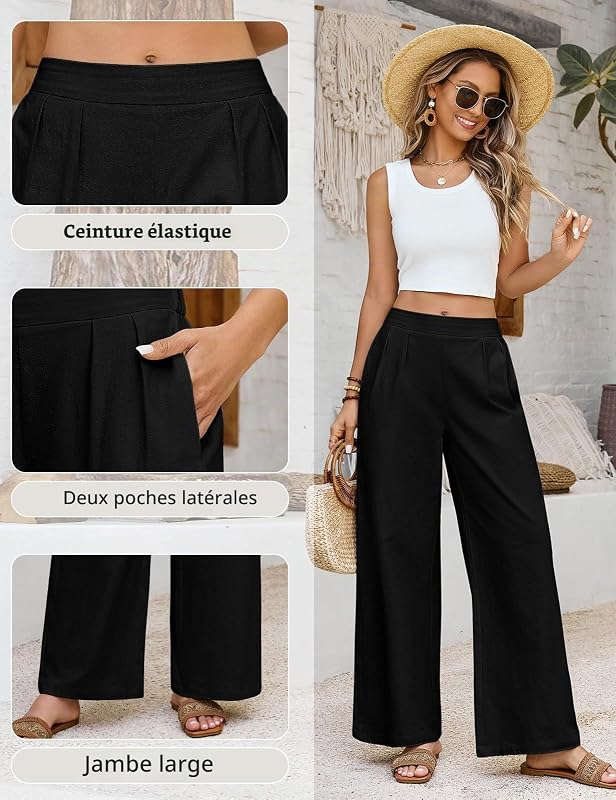 Pantalon Ete Femme Leger Coton Pantalons Elastique Haute Taille Ample Pantalon Detente avec Poches, Noir, M