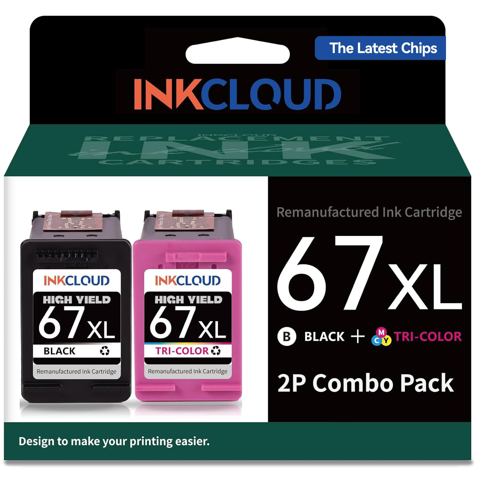 Photo 1 of Remanufactured Ink Cartridges Replacement for HP 67XL Printer Ink for 2700 2700e 2755 2755e 4100 4100e 4155 4155e 6000 6055 6055e 6400 6455e 6458e Printer (1 Black 1 Tri-Color, 2Pack)
