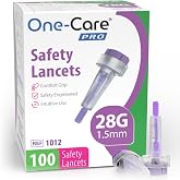 ONE-CARE PRO Safety Lancets, 28G x 1.5mm, Push-Button, Sterile, 100 Count | Gentle Fingerstick Testing, Preloaded &amp; Ready-To-Use, Convenient Grip