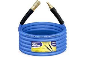 WHISPERING WONDER Air Compressor Hose 3/8 in x 25 ft, 300 PSI Heavy Duty Hybrid Air Hose with Quick Coupler and Plug Kit, Lightweight, Kink Resistant, All Weather Flexibility with Bend Restrictors, Blue