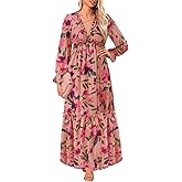 Women Fall Dress Long Sleeve - Chiffon Casual Maxi Long Flowy Boho V Neck Dresses