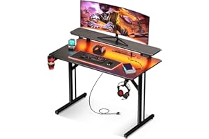 MOTPK 31 Inch Small Gaming Desk with LED Lights & Power Outlets, Computer Desk Gaming Table with Monitor Shelf, Gamer Desk with Carbon Fiber Texture, Kids Boys Desk Gift for Men