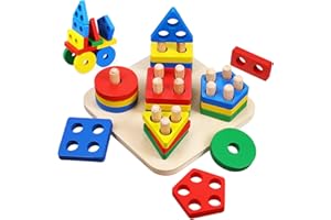GALPADA Wooden Sorting Stacking Blocks Montessori for Color and Shape Recognition Educational Puzzle Stacker