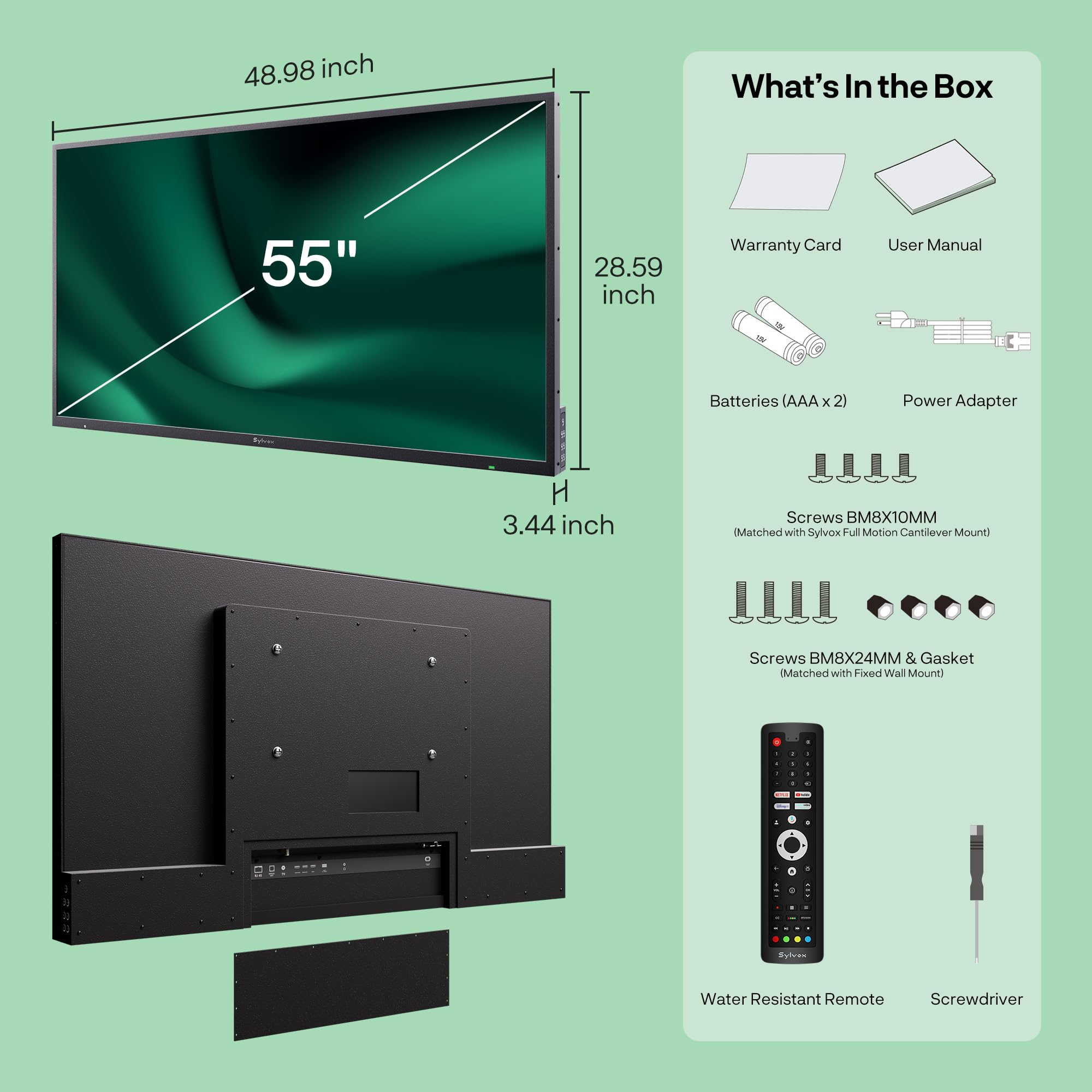 SYLVOX New 55” Outdoor Smart QLED TV, Superior Waterproof Performance, Upgraded Matte Finish for Enhanced Anti-Glare Effect, Full Metal, with Dolby Atoms, 2000nits, Full Sun Pool Pro QLED 2.0+ Series