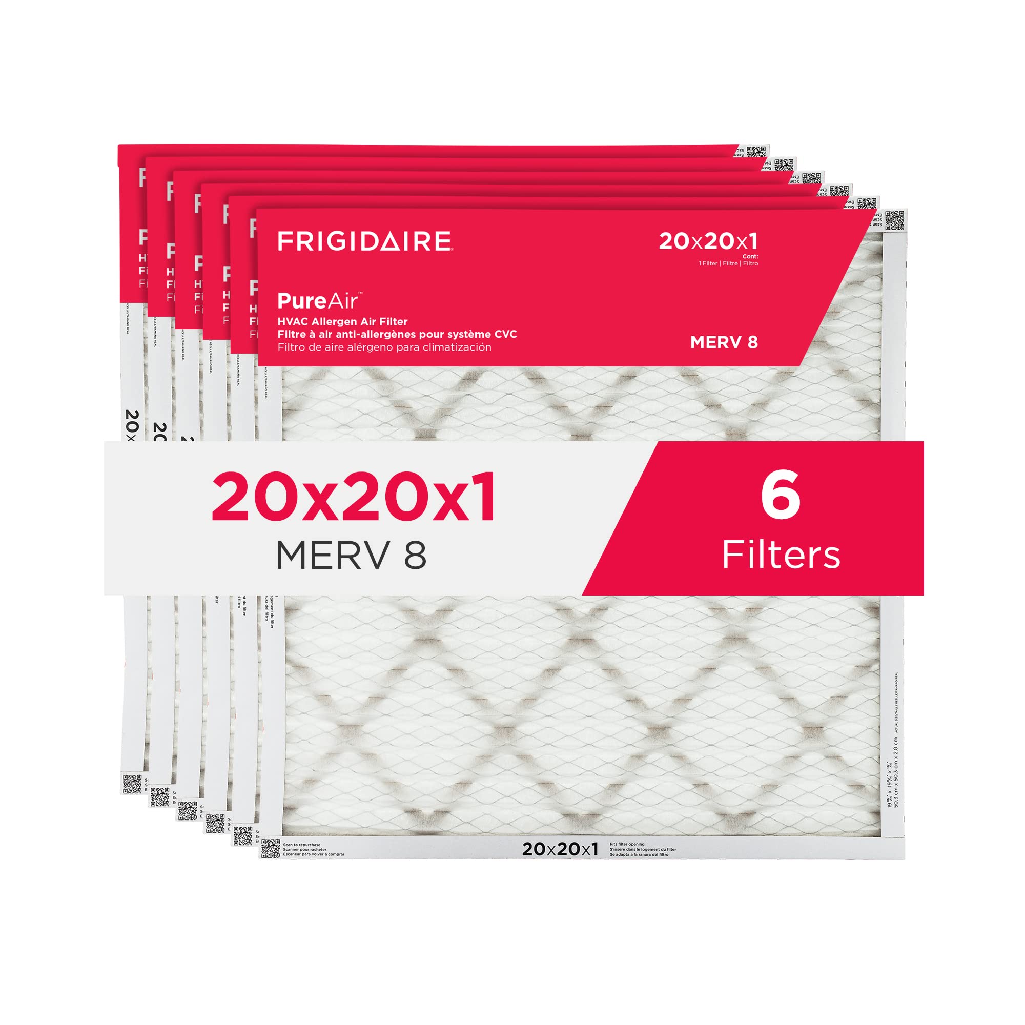 Frigidaire PureAir® 20x20x1 MERV 8 Allergen Electrostatic Pleated Air Conditioner HVAC AC Furnace Filters - 6 Pack (exact dimensions 19.81 X 19.81 X 0.81) Image