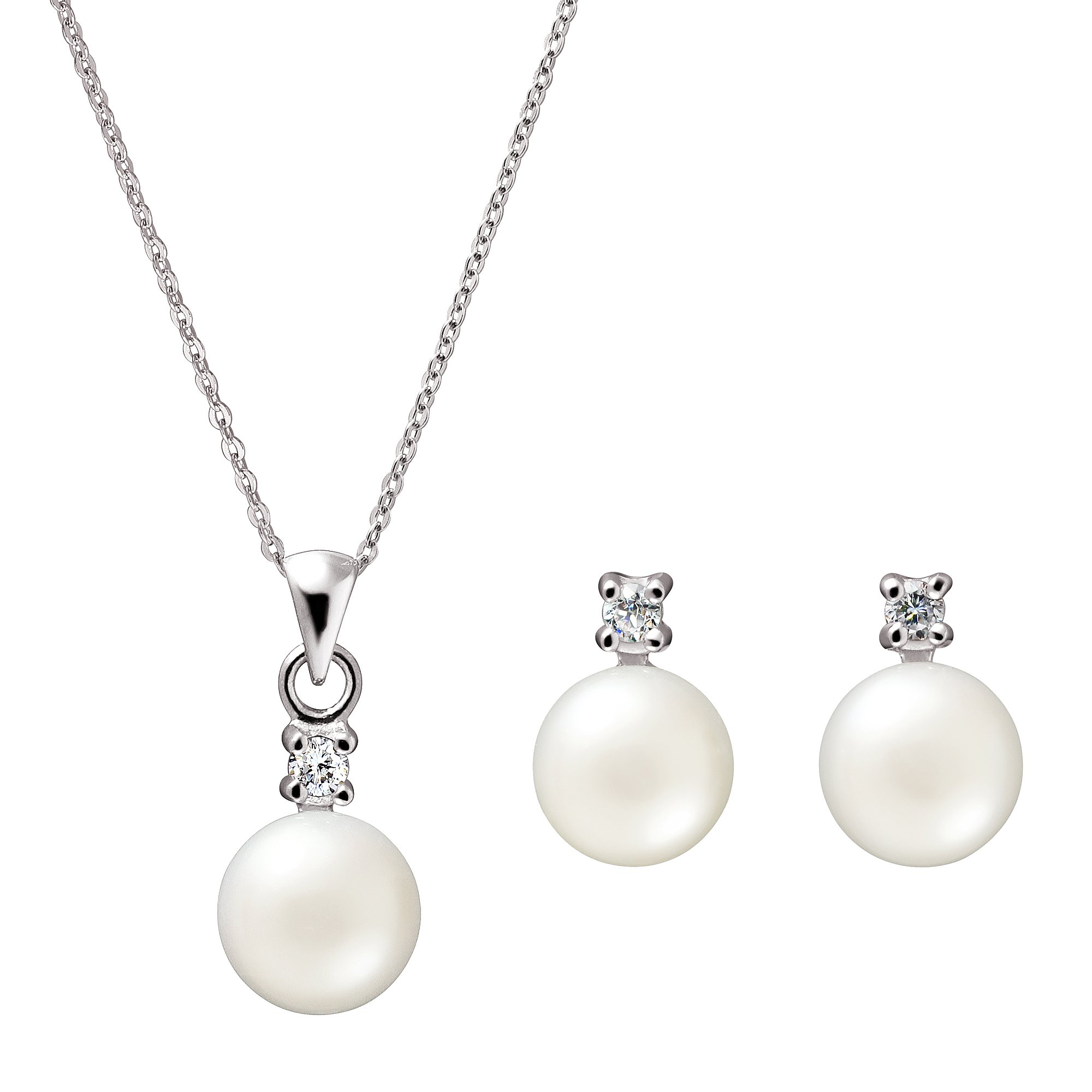 Franki Baker Dainty Elegant Natural White Pearl & CZ Pendant Necklace & Matching Earring Set on 925 Sterling Silver.