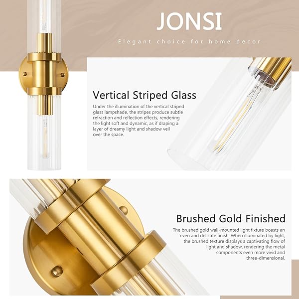 JONSI 2-LIGHT GOLD WALL SCONCE, BRUSHED GOLD BATHROOM VANITY LIGHT FIXTURE WITH GLASS SHADE, 18.2 INCH UP AND DOWN WALL MOUNT LAMP FOR MIRROR HALLWAY KITCHEN LIVING ROOM