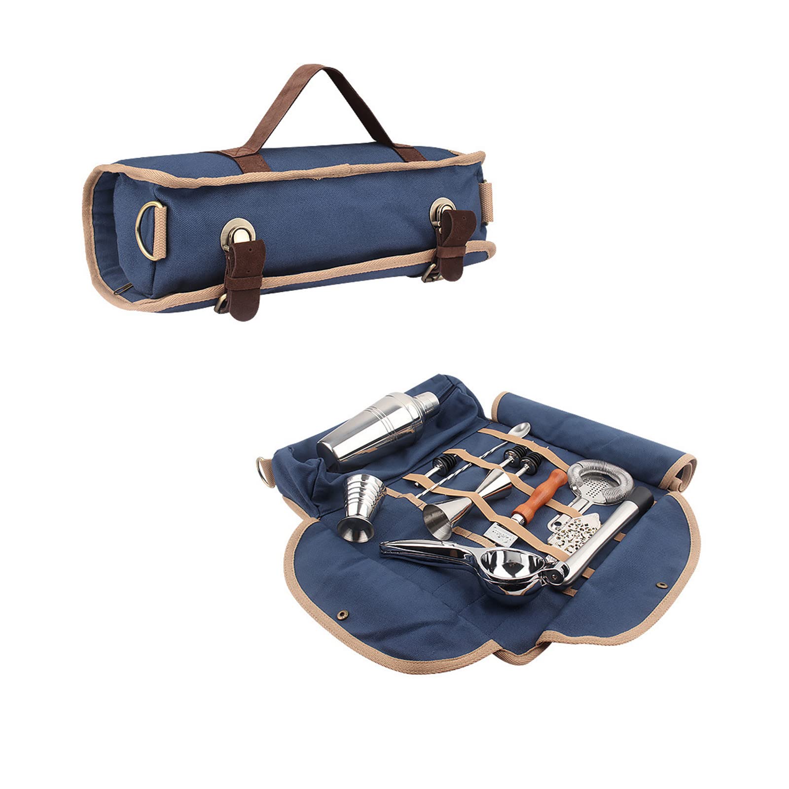 Hosoncovy Bartender Bag Travel Bartender Kit Bag with Shoulder Strap Portable Barware Set Roll Bag for Storage Travelling Camping Picnic Parties Cocktail Making (Empty Bag) (Blue)