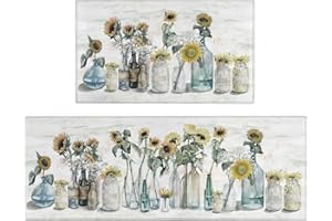 Xsinufn Sunflower Farmhouse Kitchen Rugs Set of 2,Colorful Spring Summer Flowers Kitchen Rugs and Mats Non Skid Washable,Farmhouse Kitchen Runner Rugs with Rubber Backing (17"x48"+17"x30")