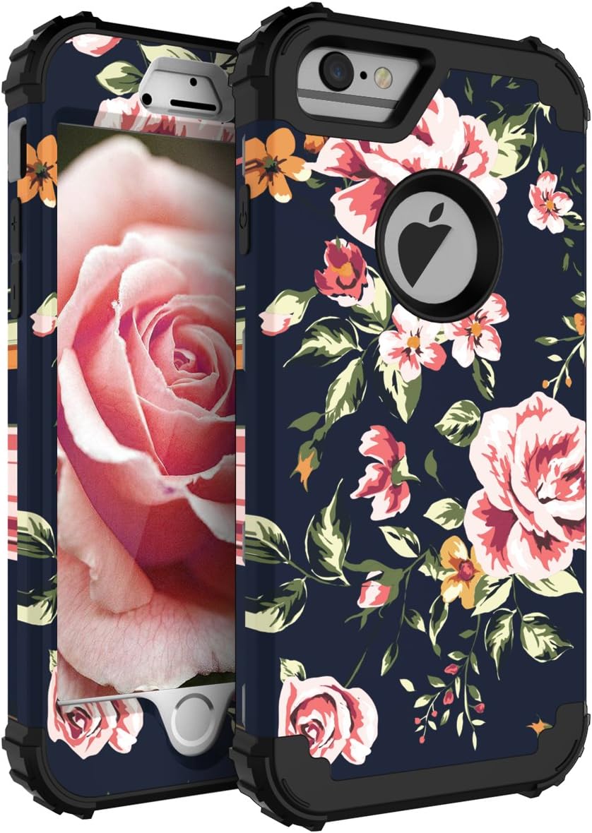 NabeCase Case for iPhone 6 Plus,Case for iPhone 6s Plus Hybrid Heavy Duty Shockproof 3 in 1 Layer Protective Cute Flowers for Girls/Women,Black