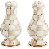 MACKENZIE-CHILDS Salt &amp; Pepper Set, Large, Brown-and-White Mocha Check | Hand-painted design, made from enameled steel, kitchen table spice shaker set, 3.25" dia. x 6.375" H (each)