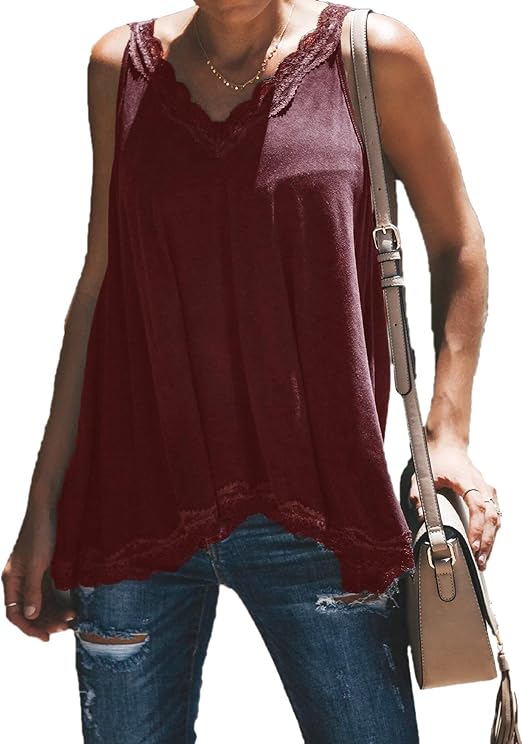 MISSLOOK Women's Deep V Neck Tank Tops Sleeveless Lace Trim Camis Loose