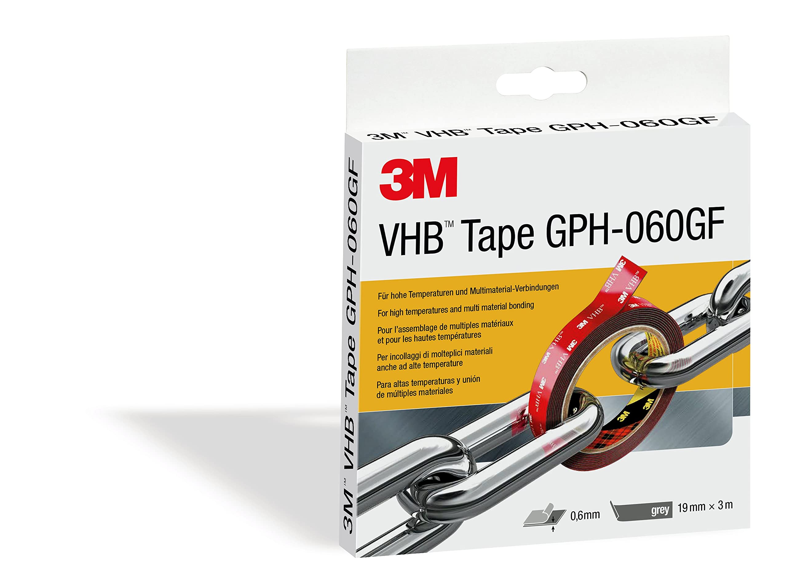 3M VHB GPH-060GF Double Sided Adhesive Tape - Designed to create durable and reliable bonds for high temperatures and multi material bonding - 19mm x 3m, Thickness 0.6mm, Grey (1 Roll)