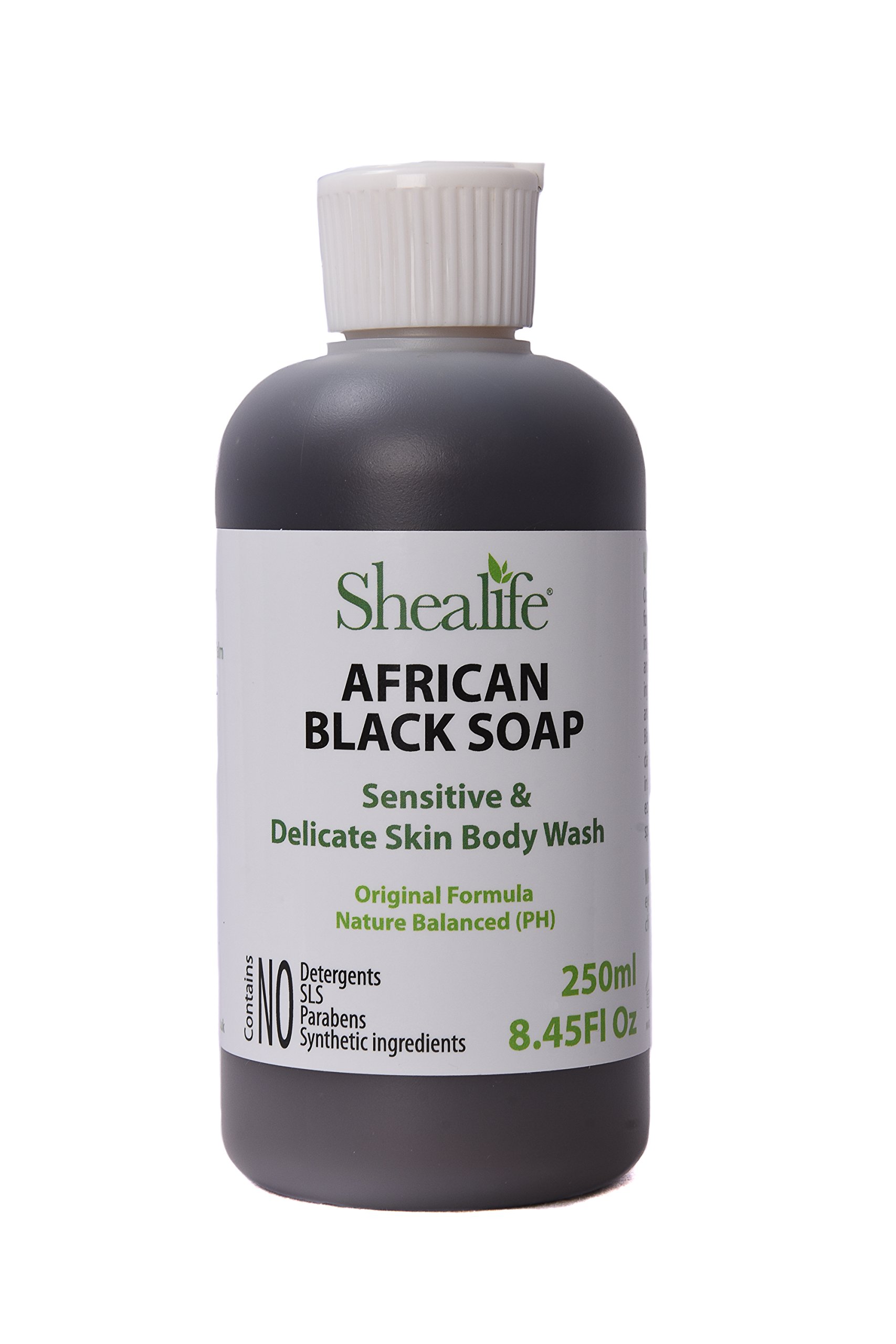 African Black Soap Liquid, 250ml, 8.45 Fl Oz, using Shea Butter, & Virgin Coconut Oil. Contains No SLS, Detergents & Parabens. Ideal for very Sensitive Skin types. Unscented.