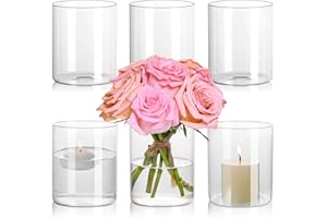 SUPMIND Glass Cylinder Vase Set of 6 for Centerpieces, 5 Inch Short Clear Flower Vases Bulk, Glass Hurricane Candle Holder for Table, Floating Candle Vases for Wedding Home Décor