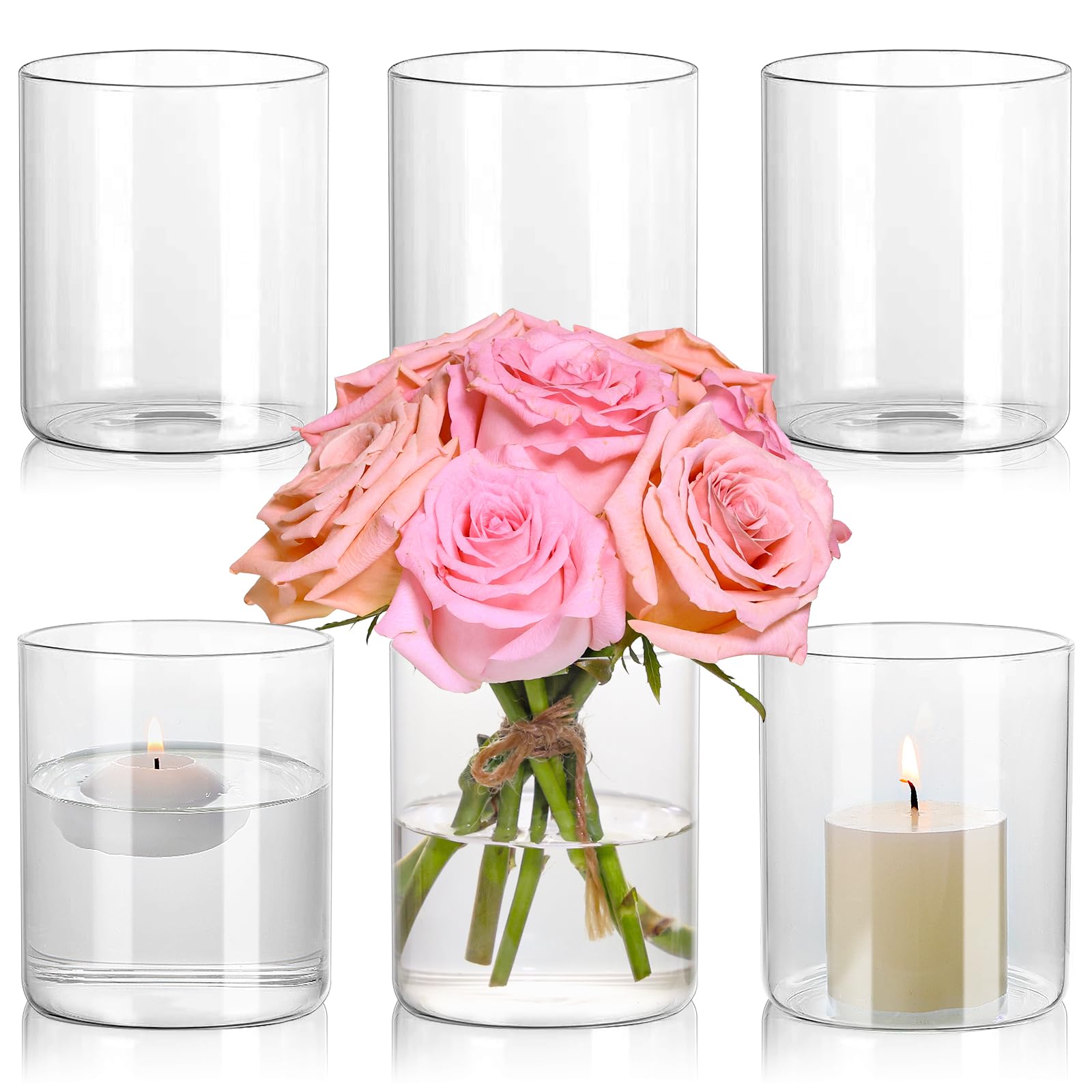 Photo 1 of SUPMIND Glass Cylinder Vase Set of 6 for Centerpieces, 5 Inch Short Clear Flower Vases Bulk, Glass Hurricane Candle Holder for Table, Floating Candle Vases for Wedding Home Décor
